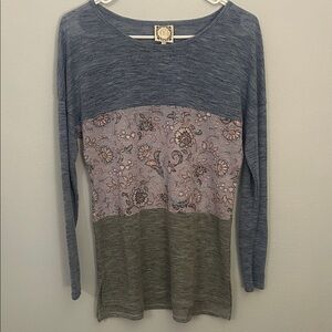 Blue and Gray Floral Long Sleeve Top
